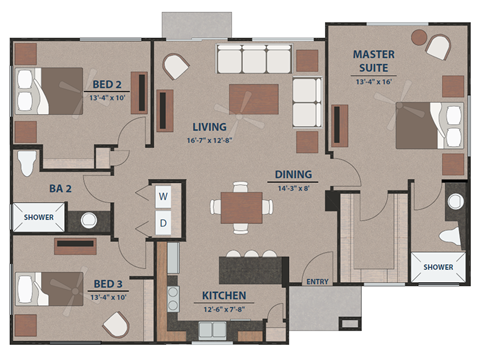 Floor plan for 3 beds, 2 baths, 1244 sqft